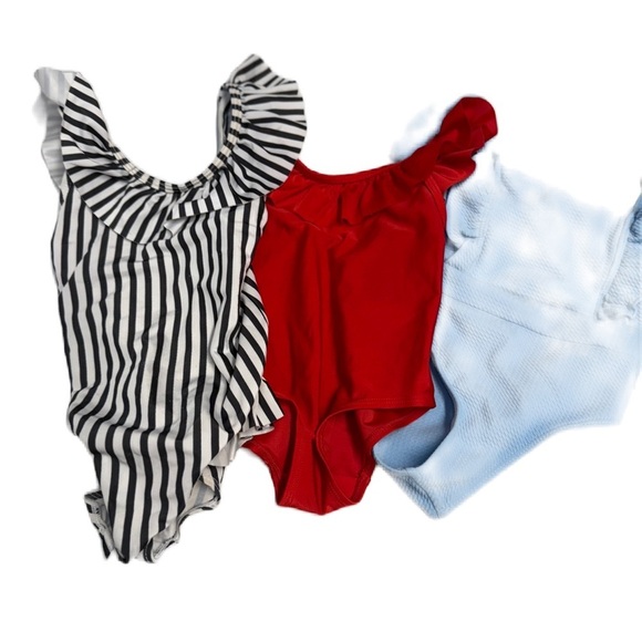 H&M Other - Baby Girl 12 m Black and White Striped, Red Ruffle & Blue Ribbon Swim One Piece